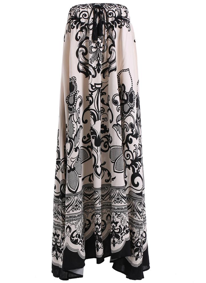 Romwe Strapless Drawstring Vintage Print Dress