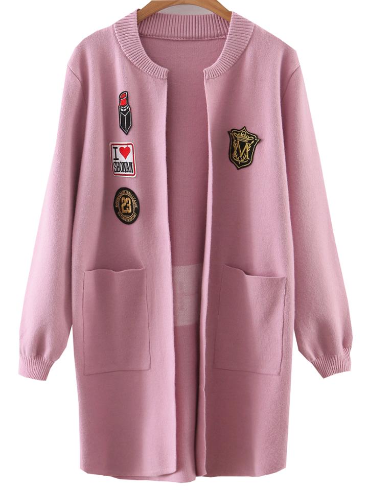 Romwe Pink Patch Long Cardigan With Pockets