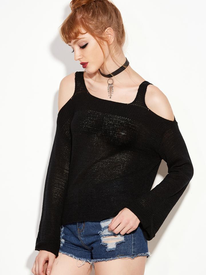 Romwe Black Cold Shoulder Loose Knitwear