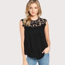 Romwe Guipure Lace Yoke Button Shell Top