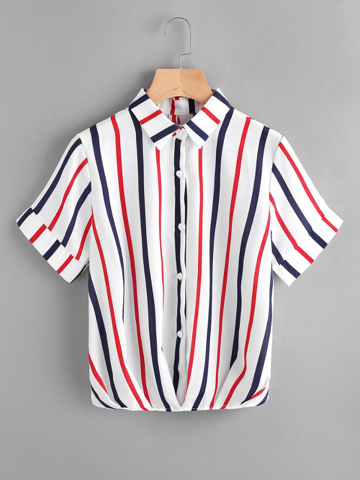 Romwe Vertical Stripe Pleated Gathered Hem Blouse