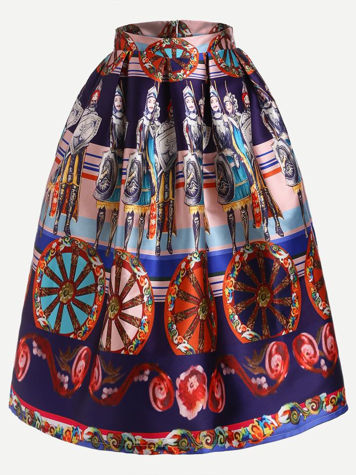 Romwe Soldier Print Flare Skirt