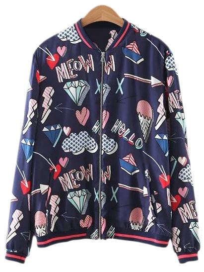 Romwe Multicolor Pockets Zipper Front Print Jacket