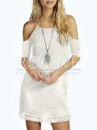 Romwe White Spaghetti Strap Off The Shoulder Tassel Dress