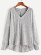 Romwe Heather Grey V Neck High Low Sweater