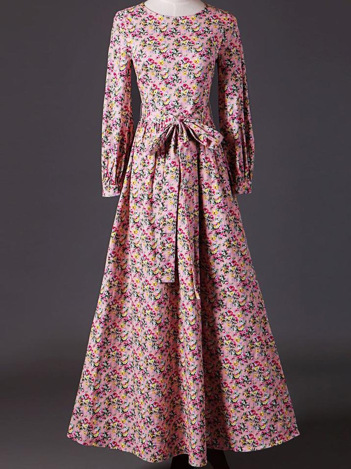 Romwe Pink Round Neck Long Sleeve Floral Print Tie-waist Dress