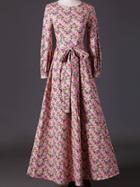 Romwe Pink Round Neck Long Sleeve Floral Print Tie-waist Dress