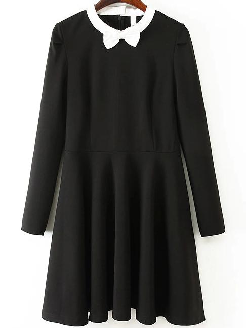 Romwe Contrast Collar Bow Long Sleeve Dress