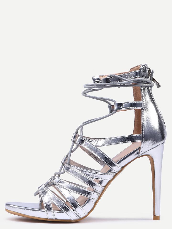 Romwe Snake Embossed Lace-up Heeled Sandals - Silver