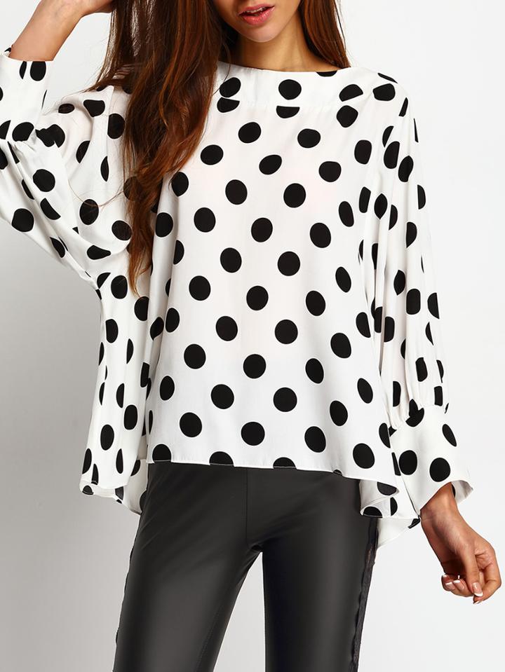 Romwe Black Polka Dots Batwing Sleeve Blouse