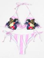 Romwe Bird Print Striped Bikini Set