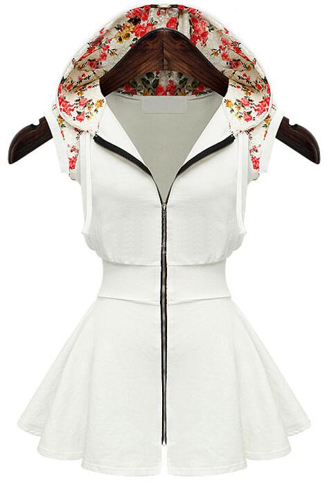 Romwe Hooded Florals With Zipper Pleated White Dress