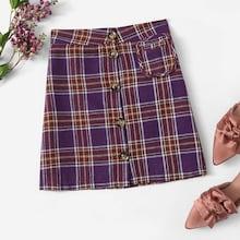 Romwe Plaid Print Single Breasted Pocket Detail Skirt