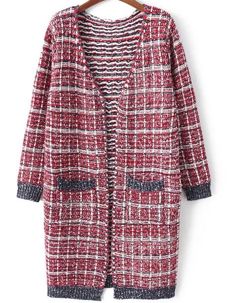 Romwe Striped Long Red Coat Sweater With Pockets