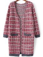 Romwe Striped Long Red Coat Sweater With Pockets