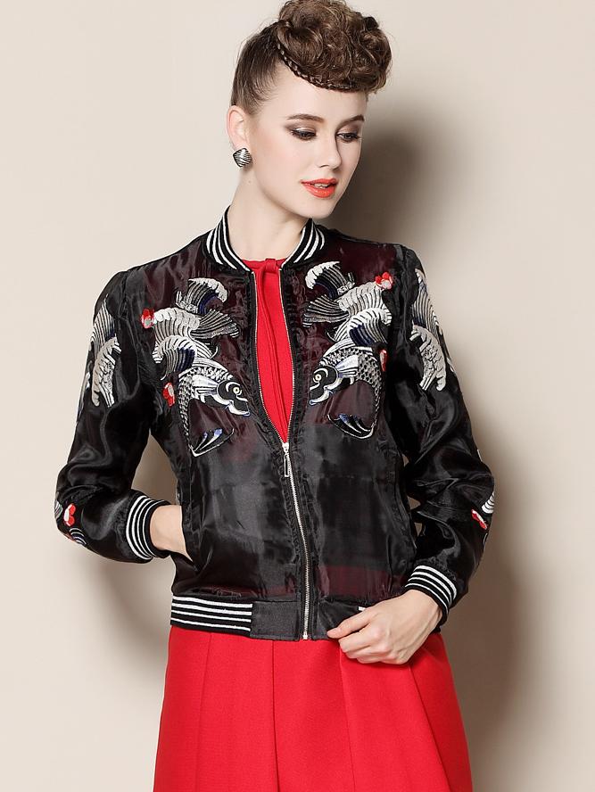 Romwe With Zipper Embroidered Organza Black Jacket