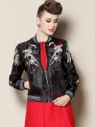 Romwe With Zipper Embroidered Organza Black Jacket