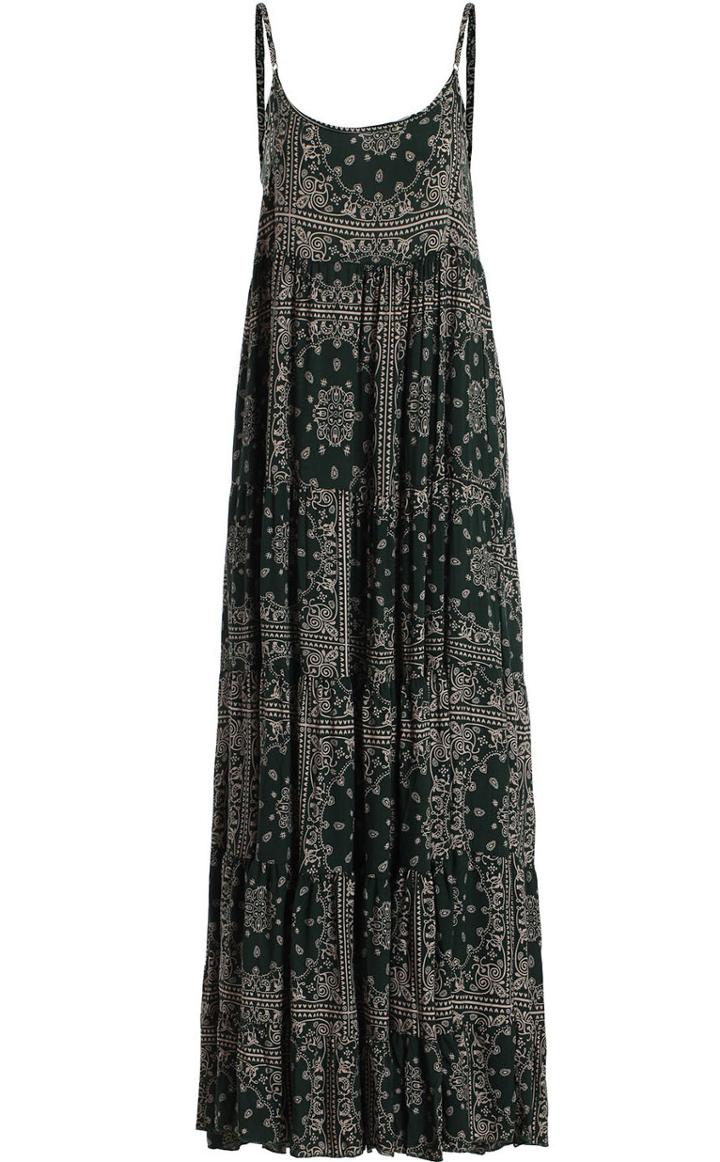 Romwe Spaghetti Strap Vintage Print Green Dress