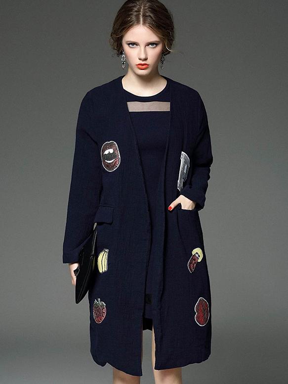 Romwe Navy Long Sleeve Sequined Pockets Coat