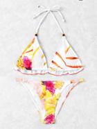 Romwe Calico Print Ruffle Detail Triangle Bikini Set
