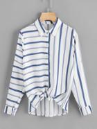 Romwe Knot Front Striped Shirt