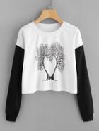 Romwe Contrast Sleeve Tree Print Sweatshirt