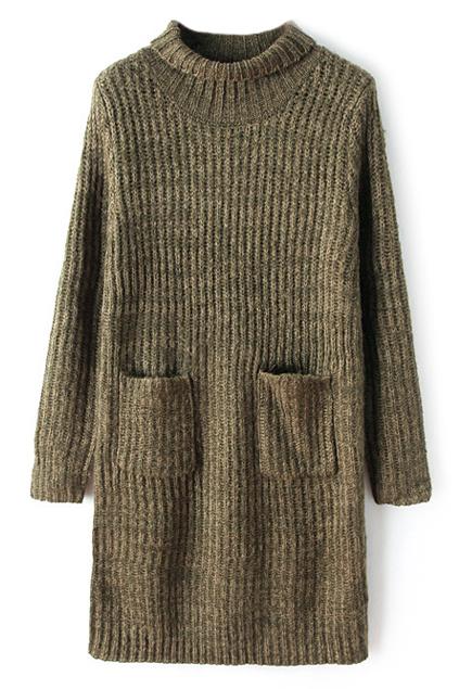 Romwe Pocketed Loose Khaki Knitted Dress