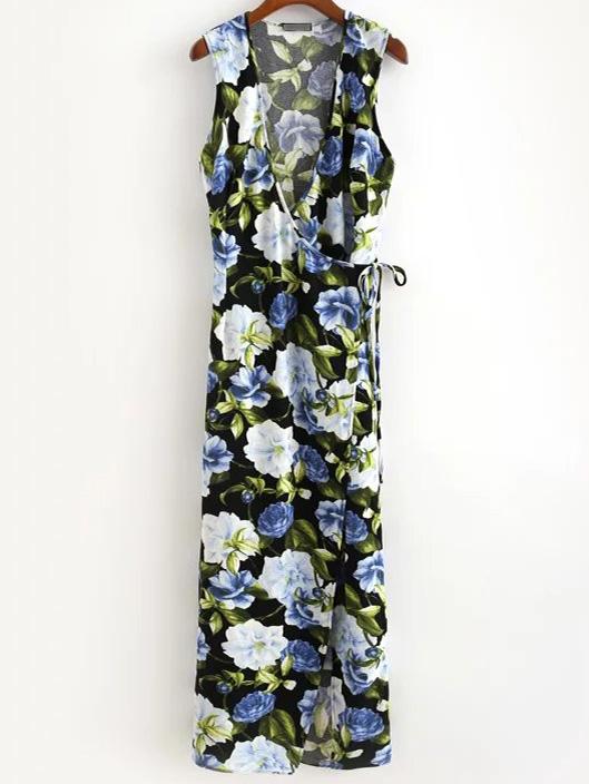 Romwe Multicolor Flower Print Cross V Neck Wrap Maxi Dress