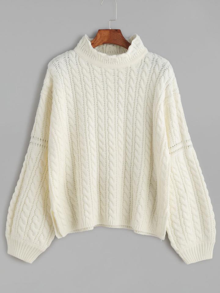 Romwe Beige Drop Shoulder Hollow Cable Knit Sweater
