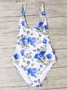 Romwe White Floral Print Scoop Neck One-piece Swimwear