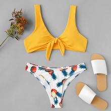 Romwe Knot Front Top With Random Pineapple Print Bikini Set