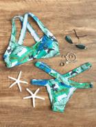 Romwe Leaf Print Cutout Design Cross Back Bikini Set