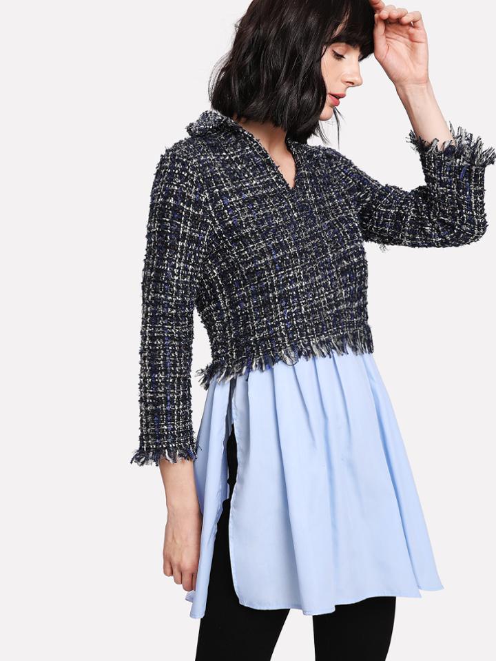 Romwe Fringe Detail Mixed Media Tweed Top