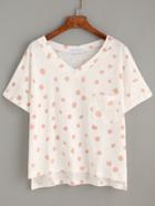 Romwe Pink Dot Print Dip Hem T-shirt With Pocket