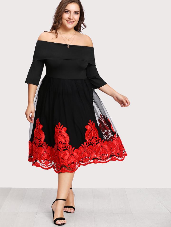 Romwe Off Shoulder Fold Over Mesh Overlay Dress