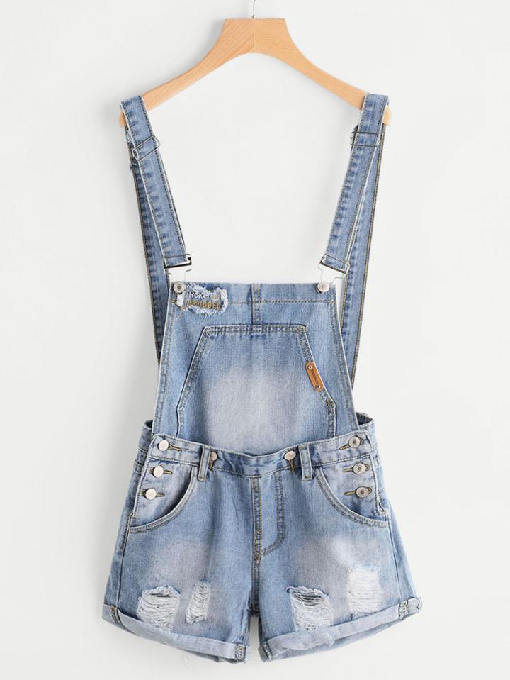 Romwe Embroidery Ripped Denim Pinafore Shorts