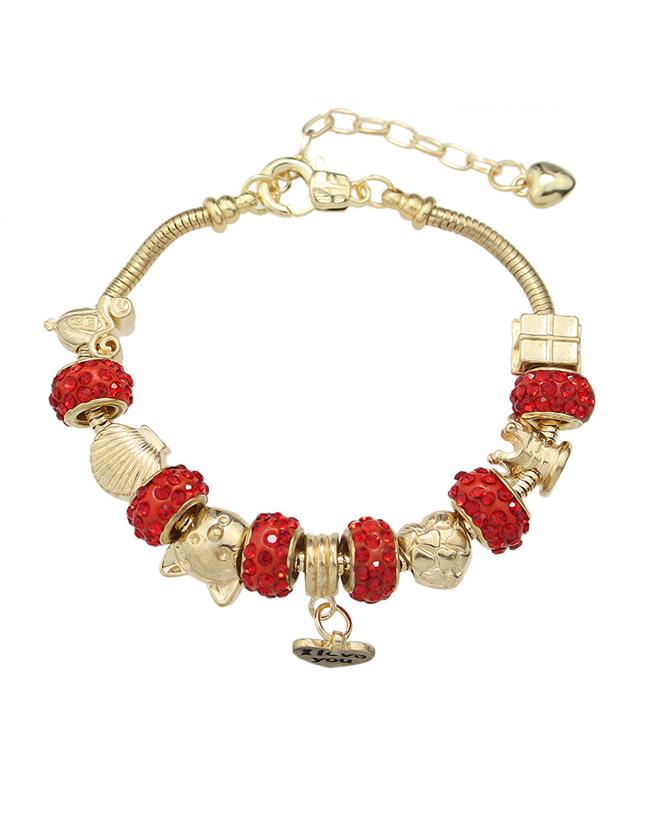 Romwe Red Rhinestone Beads Charms Bracelet