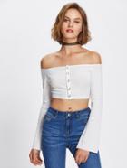 Romwe Off Shoulder Button Front Ribbed Crop Tee
