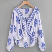 Romwe Tassel Tie Surplice Leaf Top