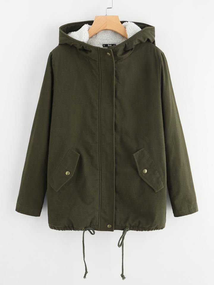 Romwe Fleece Lining Drawstring Hem Coat