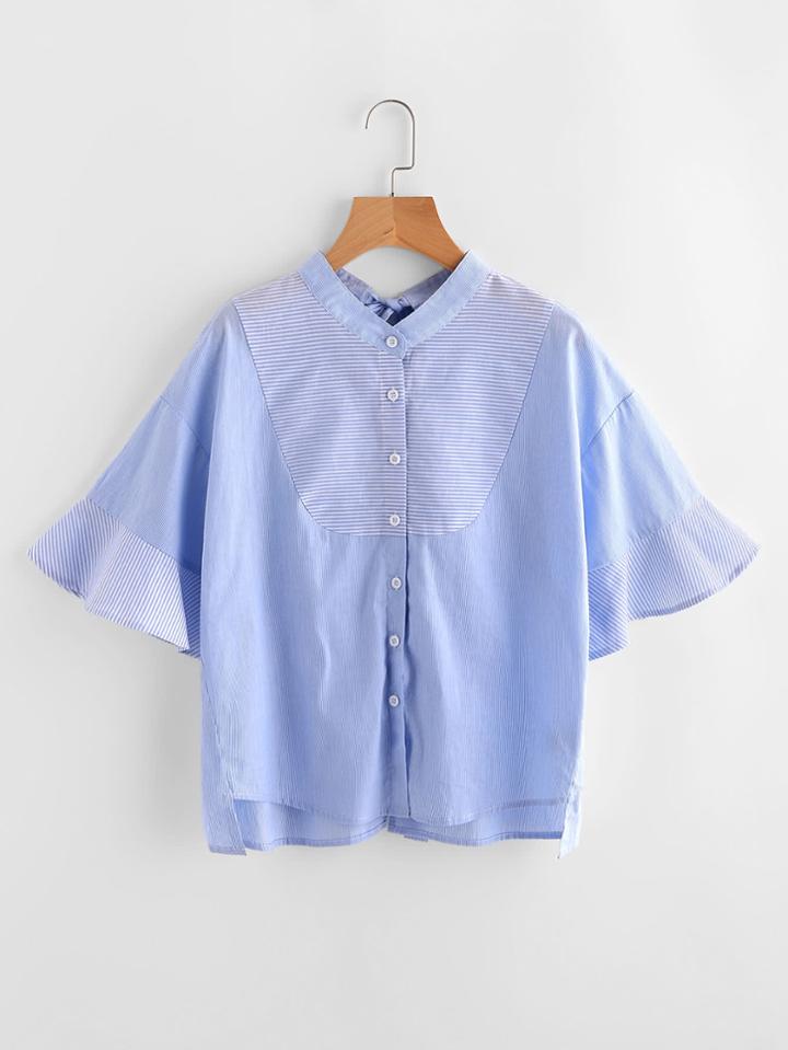 Romwe Split Bow Back Fluted Sleeve Mixed Stripe Blouse
