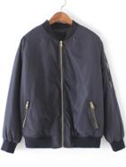 Romwe Navy Crew Neck  Zipper Front Jacket
