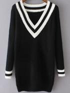 Romwe V Neck Varsity-striped Black Sweater