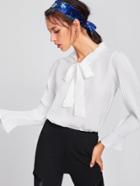 Romwe Pleated Fluted Sleeve Tie Neck Blouse