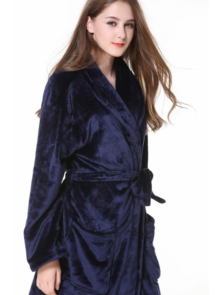 Romwe Shawl Collar Self Tie Plush Robe