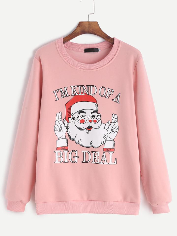 Romwe Pink Father Christmas Print Sweatshirt