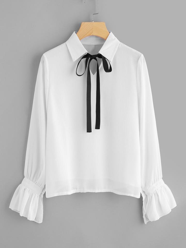 Romwe Fluted Sleeve Tie Neck Top