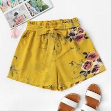 Romwe Floral Print Belted Shorts