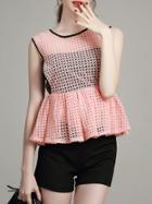 Romwe Pink Gauze Embroidered Ruffle Top With Shorts