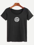 Romwe Black Letter Printed Short Sleeve T-shirt